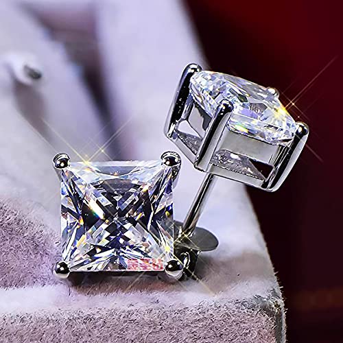 925 Sterling Silver Stud Earrings 4 Prong Princess Cut Square Cubic Zirconia Ear Stud for Women Men CZ 4mm-7mm - style: White Gold--4.40cttw (6mm)