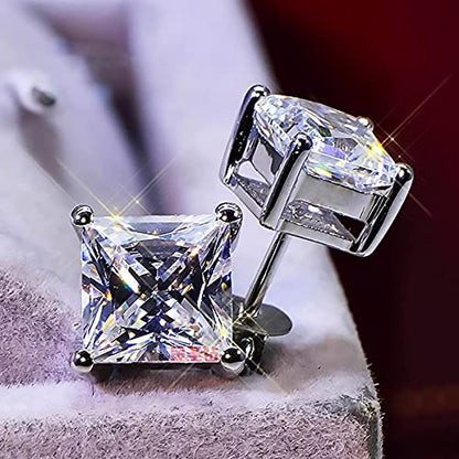 925 Sterling Silver Stud Earrings 4 Prong Princess Cut Square Cubic Zirconia Ear Stud for Women Men CZ 4mm-7mm - style: White Gold--4.40cttw (6mm)