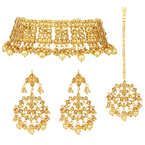 Aheli Elegant Indian Faux Kundan Studded Choker Necklace with Maang Tikka Set Ethnic Wedding Wear Bharatanatyam jewellery set Gift for Women - color: Gold