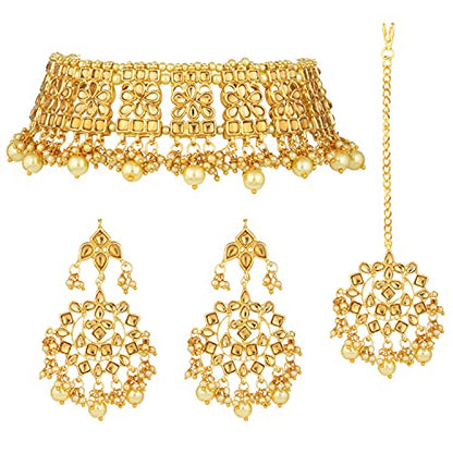 Aheli Elegant Indian Faux Kundan Studded Choker Necklace with Maang Tikka Set Ethnic Wedding Wear Bharatanatyam jewellery set Gift for Women - color: Gold
