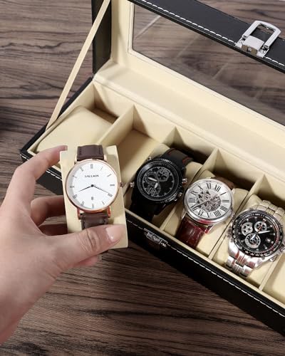 Uten Watch Box 6 Slots, Watch Storage Display with Glass Lid - color: Black + Beige, size: 6 Slots