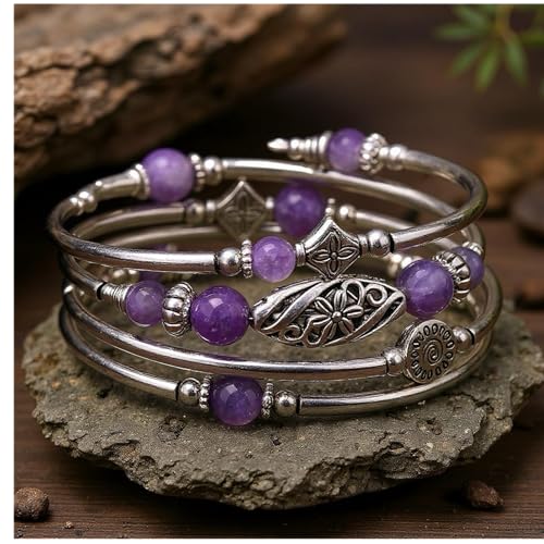 Boho Wrap Beaded Bracelet for Women – Handmade Natural Stone Jewelry – Stainless Steel Adjustable Ethnic Chic Gift - color: Amethyst