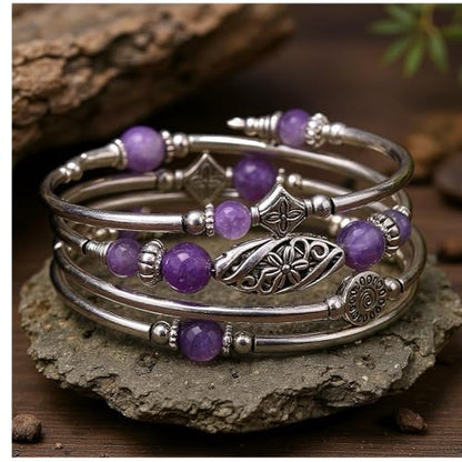 Boho Wrap Beaded Bracelet for Women – Handmade Natural Stone Jewelry – Stainless Steel Adjustable Ethnic Chic Gift - color: Amethyst