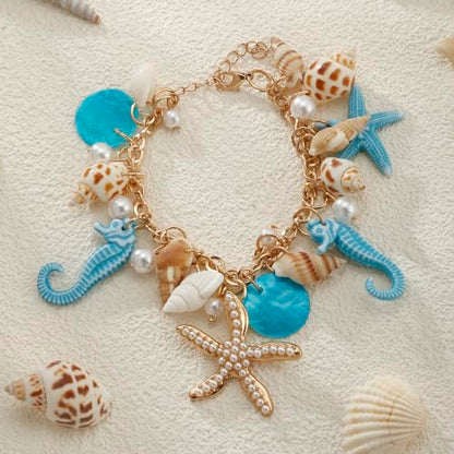 RUOFFETA Shell Starfish Necklace Bracelet Conch Statement Chunky Necklace Mermaid Costume Jewelry Beach Jewelry for Women - style: Anklet Blue