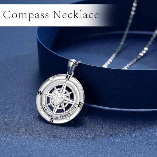 Compass Necklace Sterling Silver Nautical Graduation Gift | 925 Sterling Silver compass pendant with meaningful nautical design, jewelry for women, graduation and travel gift - color: Clear