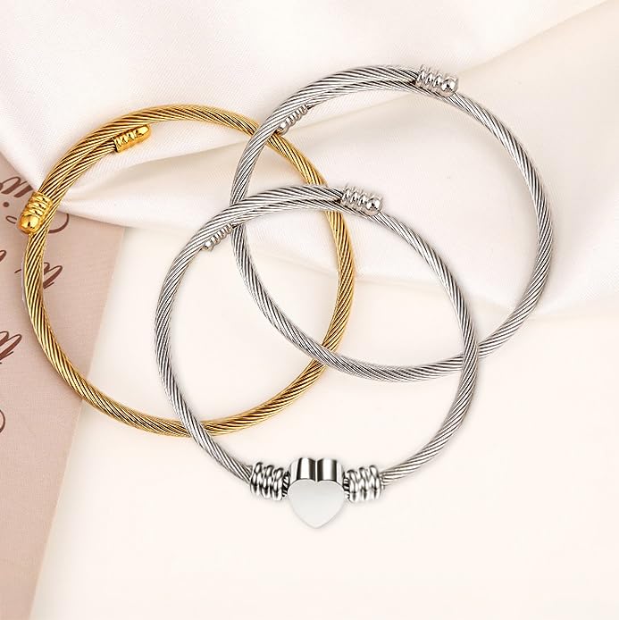 Fashion Shiny Thin Round Stainless Steel Bangle Bracelets for Women (1/3/5/8 Set) - style: Silver-3 Set-Wire Heart cuff bracelet