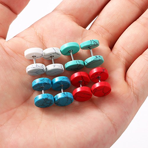 4 Pairs Unisex Marble Stone Screw Stud Earrings Set,Cupimatch Ear Piercing Plugs Faux Gauges Illusion Tunnel Earrings for Mother's Day (10mm) - color: 8mm