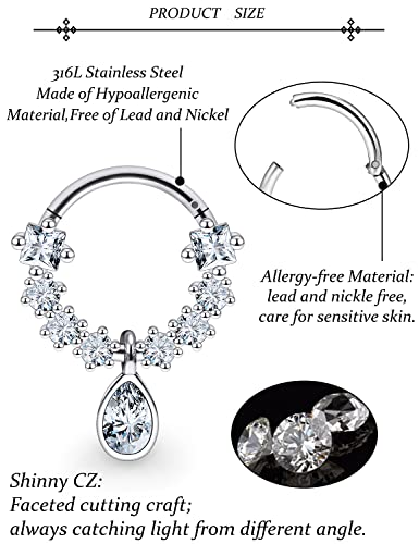 Vsnnsns 16G Septum Rings Piercing Jewelry 316L Stainless Surgical Steel Skull Flower Dangle Clicker Horseshoe Septum Nose Rings Hoop Piercing Jewelry for Women Men Silver Black Rose Gold 10mm - color: Silver Tone