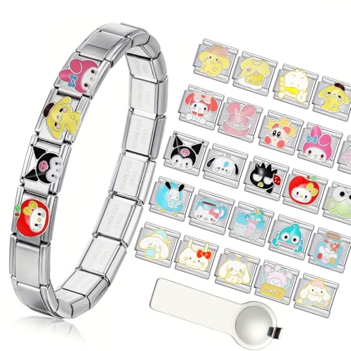 Italian Charms Bracelet Sets Heart Brascelet,18 of Charms and Opening Tools (8 Random Pattern and 10 Blank Modules) - style: Cartoon-Silvery
