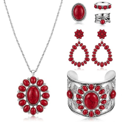 Ecally Bohemian Western Jewelry Turquoise Set Women Country Pendant Long Choker Layered Bracelets Earrings Ring for Women - color: Red, style: Lovely