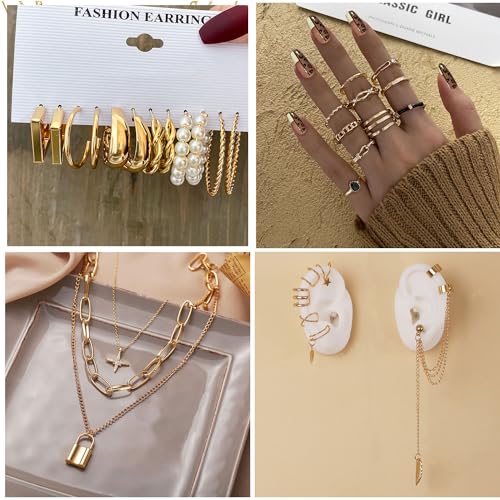 73 Pcs Gold Jewelry Set with 6Pcs Layered Necklace, 11 Pcs anklet and 7Pcs Earring Ear Cuff,12Hoop Earrings ,15pcs Rings,21pcs stud earrings Jewerly set for Women Pack for Friendship Party Gift - style: AA-gold