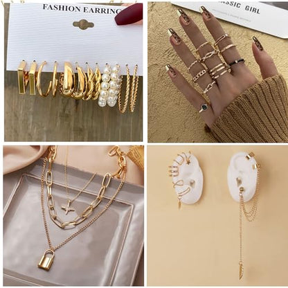 73 Pcs Gold Jewelry Set with 6Pcs Layered Necklace, 11 Pcs anklet and 7Pcs Earring Ear Cuff,12Hoop Earrings ,15pcs Rings,21pcs stud earrings Jewerly set for Women Pack for Friendship Party Gift - style: AA-gold