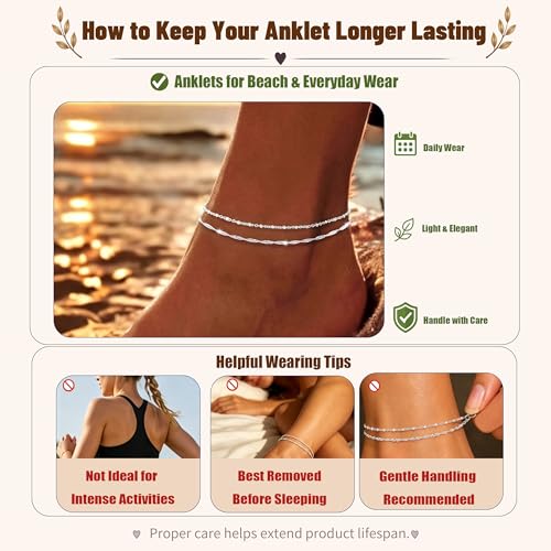 Moodear Ankle Bracelets for Women 14K Silver Plated Layered Chain Anklets | Waterproof Non Tarnish Adjustable Double Layer Anklet with Satellite Bead Chain Design for Summer Beach Jewelry Gift - color: silver-4
