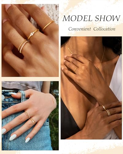 TOBENY Stackable Silver Gold Rings for Women Non Tarnish 14K Gold Plated Cubic Zirconia Ring Set Trendy Dainty Engagement Wedding Bands Thumb Rings Stacking Promise Statement Rings Jewelry Size 6-10