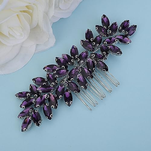 Teyglen Crystal Bride Wedding Comb - Purple Rhinestone Hair Side Comb & Accessory for Bride - color: Purple