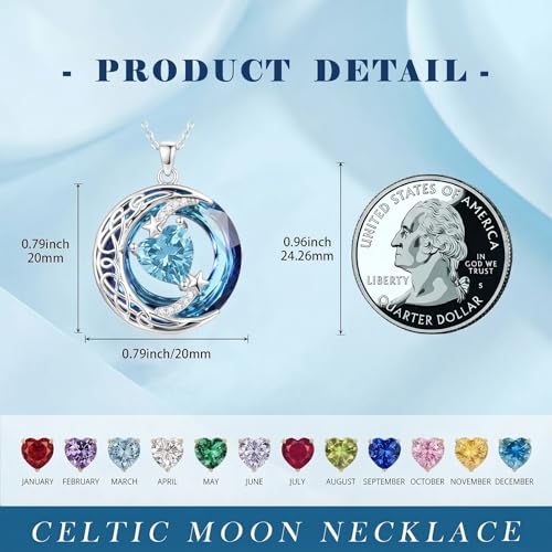 Birthstone Necklace for Women Crystal Moon and Star Pendant White Gold Celtic Moon Jewelry Birthday Graduation Gifts for Wife Her - style: Moon-3