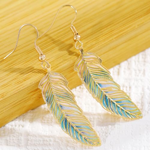 Bohemian Colorful Feather Drop Earrings for Women,Fashion Gradient Leaf Danging Earring Lightweight Hook Shaped Statement Jewelry - color: color B