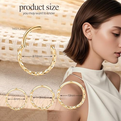 PEAKLINK 16G Arrow Nose Hoop Ring Conch Helix Cartilage Earring Hinged Segment Seamless Clicker Ring Surgical Steel Septum Jewelry Rook Daith Lip Tragus Piercing Jewelry for Women Men - color: Front Arrow,Gold