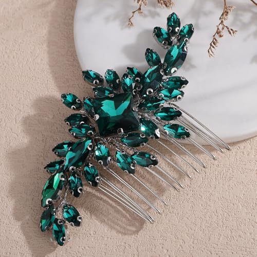 Square Rhinestone Hair Comb Silver Gold Rhinestone Wedding Headpiece Handmade Crystal Bridal Hair Comb Bridal Hairpiece for Brides Bridesmaid (peacock green) - color: peacock green
