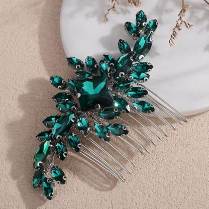 Square Rhinestone Hair Comb Silver Gold Rhinestone Wedding Headpiece Handmade Crystal Bridal Hair Comb Bridal Hairpiece for Brides Bridesmaid (peacock green) - color: peacock green