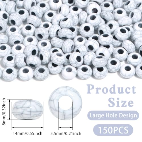 150PCS 14x8mm Cracked White Acrylic European Large Hole Rondelle Spacer Beads with Storage Box, Loose Beads for Bracelet Necklace Earring Hair DIY Jewelry Making - color: Cracked White