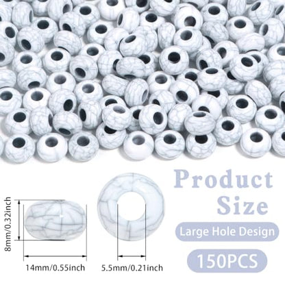 150PCS 14x8mm Cracked White Acrylic European Large Hole Rondelle Spacer Beads with Storage Box, Loose Beads for Bracelet Necklace Earring Hair DIY Jewelry Making - color: Cracked White