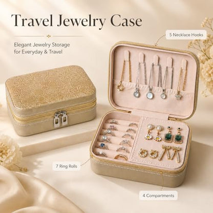 Travel Jewelry Box, Jewelry Box with Embossed PU Leather Small Jewelry Organizer Case with Zipper, Velvet Lined Ring Earring Necklace Case for Travel, 6.3 x 4.7 x 2.4 in - color: Golden