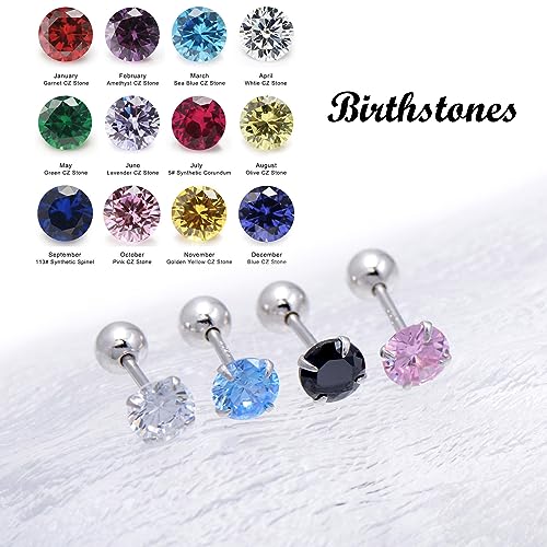 Screw Back Sterling Silver Cubic Zirconia Earrings Studs 3 MM - color: Green