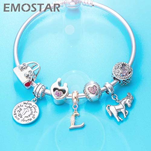 EMOSTAR Letter Charms Initial A-Z Alphabet Beads, Rose Gold 925 Sterling Silver Dangle CZ Birthstone Pendant, Gifts for European Charm Bracelet/Mothers Day/Birthday - color: Letter L