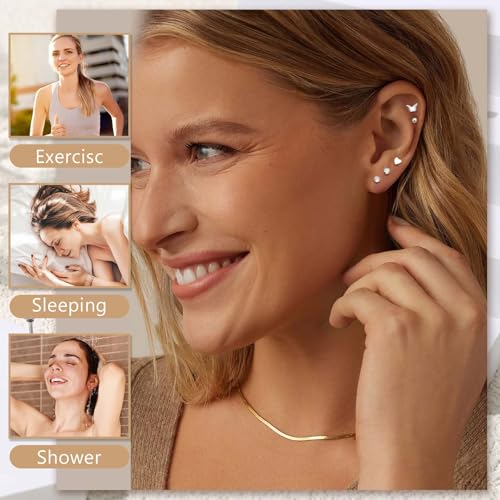 Jstyle 21Pairs Hypoallergenic Flat Back Stud Earrings for Women, Tiny Studs | Surgical Stainless Steel Flatback Earrings, CZ Butterfly Heart Small Stud Earrings Set, Screw Back Cartilage Piercing Jewelry - color: Silver