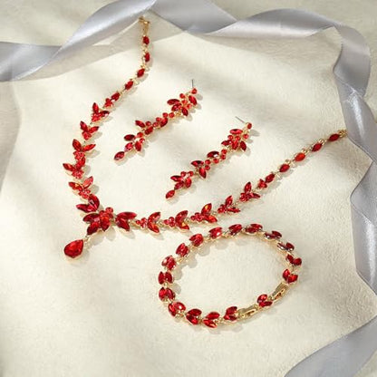 EVER FAITH Marquise Crystal Leaf Bridal Prom Jewelry Set for Women Bride | Rhinestone Wedding Party Necklace Dangle Earrings Tennis Bracelet, for Bridesmaid - color: Red Gold-Plated-Base