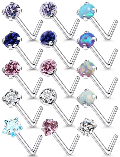 15 Pcs 18G 20G Surgical Steel Nose Rings Studs for Women Opal Nose Rings Diamond CZ Nose Studs L Shaped Nose Nostril Piercing Jewelry Hypoallergenic - style: 20G,L Shaped