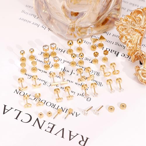 18Pairs 20G 18G Stainless Steel Tiny Stud Earrings for Women Cartilage Helix Earrings Ball Star CZ Earrings - color: Gold, size: 20G