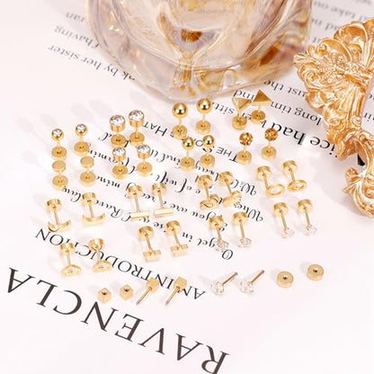 18Pairs 20G 18G Stainless Steel Tiny Stud Earrings for Women Cartilage Helix Earrings Ball Star CZ Earrings - color: Gold, size: 20G