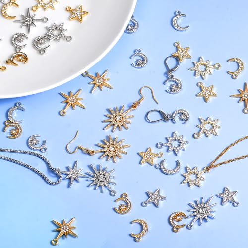 stino Jewelry Celestial Charms Set, Moon Star Sun Pendants | 48/56 Pcs, Silver & Gold Plated, DIY Jewelry Making Accessories - style: Rhinestone