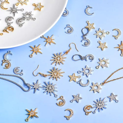 stino Jewelry Celestial Charms Set, Moon Star Sun Pendants | 48/56 Pcs, Silver & Gold Plated, DIY Jewelry Making Accessories - style: Rhinestone
