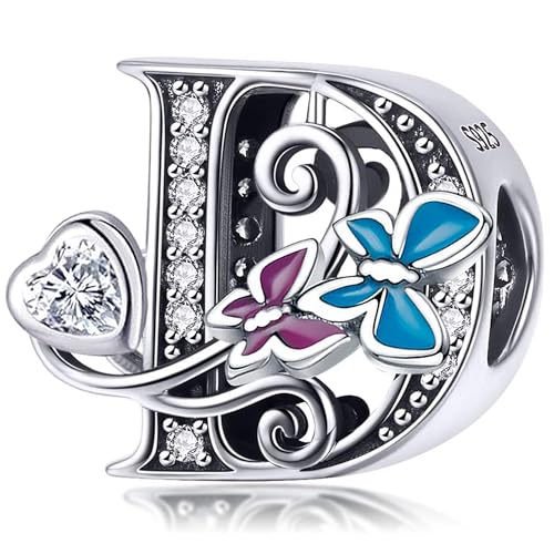 S925 Silver Butterfly Initial Letter Charms Fit for Pandora Charms Bracelets and Necklace Alphabet Bead Charms Jewelry Gifts for Women - color: D