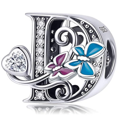 S925 Silver Butterfly Initial Letter Charms Fit for Pandora Charms Bracelets and Necklace Alphabet Bead Charms Jewelry Gifts for Women - color: D