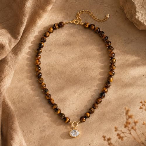 Natural Stone Beaded Necklace for Women 10mm Round Tiger Eye Bead Choker with Detachable Crystal Pendant Adjustable Boho Statement Jewelry Gift