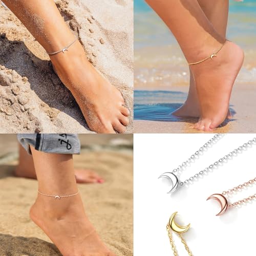 ChicSilver Personalized 925 Sterling Silver Tiny Heart/Moon/Star/Sun/Dot/Triangle Anklets Simple Dainty Foot Jewelry for Women, Silver/Gold Plated/Rose Gold Plated - style: Rose Gold Moon