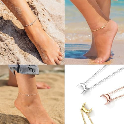 ChicSilver Personalized 925 Sterling Silver Tiny Heart/Moon/Star/Sun/Dot/Triangle Anklets Simple Dainty Foot Jewelry for Women, Silver/Gold Plated/Rose Gold Plated - style: Gold Moon