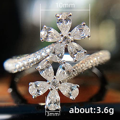 Adjustable Cubic Zirconia Ring for Women, Stackable Leaf Flower Design, Open Style Sparkling Crystal Silver Open Wrap Statement Ring