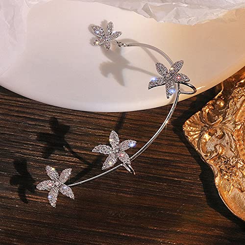 BETHYNAS Glitter Rhinestone Butterfly Flower Ear Cuff Sparkly Non-Pierced Crystal Tassel Fake Earrings Climber Lady Ear Wrap Bridal Party Ear Jewelry for Women and Girls - color: Silver Flower