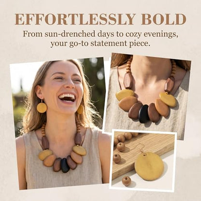 Coiris Chunky Wooden Necklace and Earring Set for Women Boho Statement Jewelry Ethnic Accessories - color: Classic
