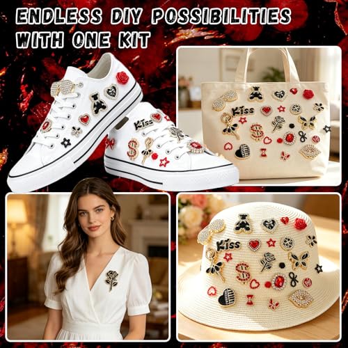 RidaaFri Junk Phone Case Charms Kit, Red Black 3D Large Charms Set | DIY Case Craft Flatback Rhinestone Gems with Bow Flower Heart Rose, Phone Making Supplies Women Aesthetic Personalization - color: Black/Red