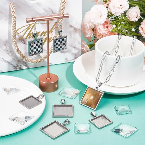 SUNNYCLUE 1 Box 20Pcs Pendant Tray Set Blank Bezel Pendant Trays Stainless Steel Charm Blanks Cabochon Settings Cabochon Bezels for Jewelry Making DIY Findings Supplies - color: Stainless Steel