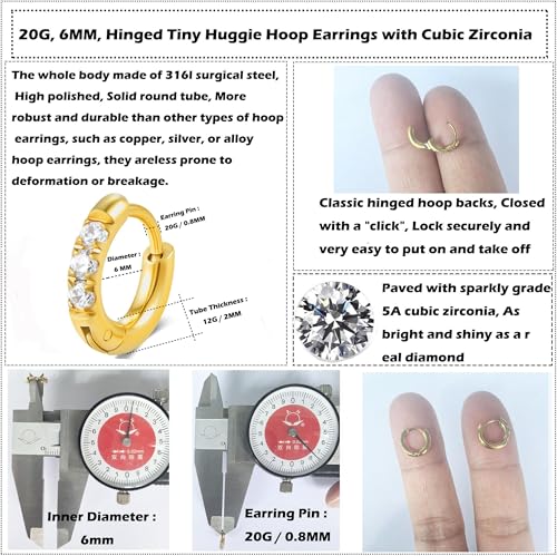 Hypoallergenic Unisex Surgical Steel Small Cubic Zirconia Huggie Hoop Earring, Color Gold - Silver - Rose Gold - Black - Rainbow, Size 6mm- 12mm Safe for Sensitive Ear - style: N01: 6MM Gold Hoops(2mm thickness)