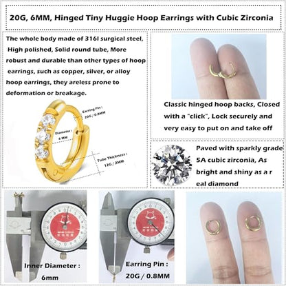 Hypoallergenic Unisex Surgical Steel Small Cubic Zirconia Huggie Hoop Earring, Color Gold - Silver - Rose Gold - Black - Rainbow, Size 6mm- 12mm Safe for Sensitive Ear - style: N01: 6MM Gold Hoops(2mm thickness)