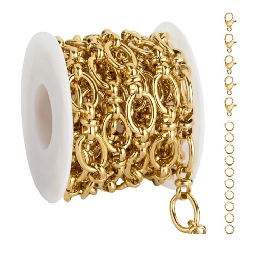 UMAOKANG PVD Gold Plated Stainless Steel Oval Chains for Jewelry Making | 2 Meters Chunky Metal Bulk Chain High Polish Link Decoration Craft Chain Roll - color: Rolo (Gold)