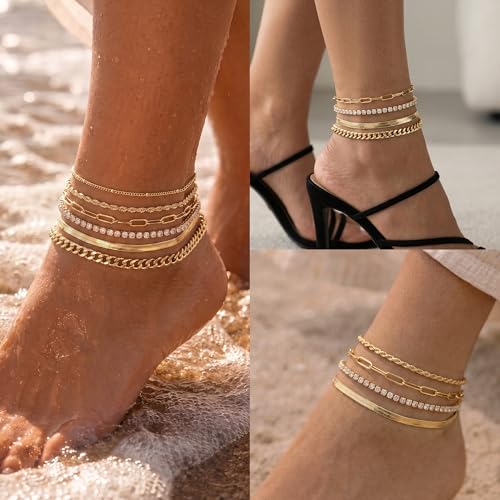 Dainty Ankle Bracelets for Women Waterproof | Layered Gold Plated Tennis Cuban Snake Rope Paperclip Beaded Link Chains Set, Summer Beach Jewelry Gift - color: Gold Anklet A